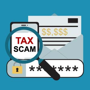 magnifying glass on "tax scam" with cell phone, mail and password icons