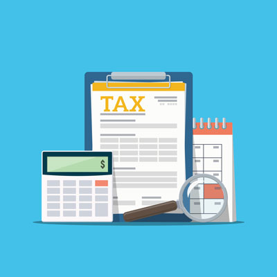 Illustration of tax documents, calculator, magnifying glass and a calendar.